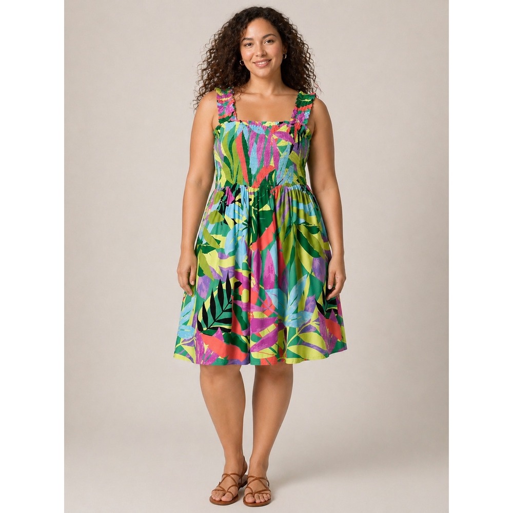 Terra Sky Womens Tropical Smocked Ruffle Strap Dress Multi 0X 14W Summer